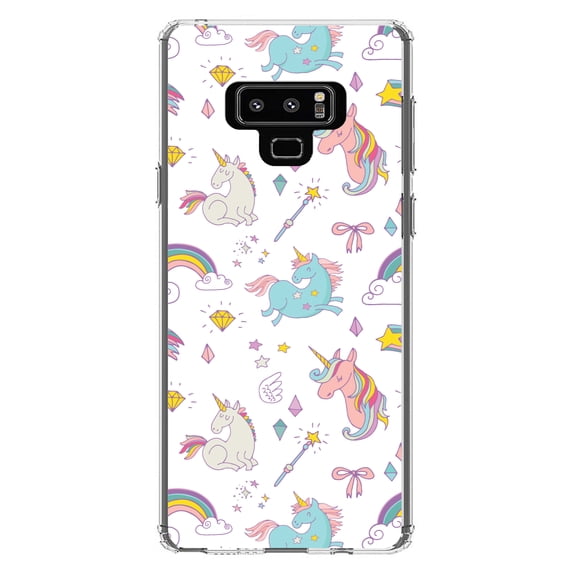 DistinctInk Clear Shockproof Hybrid Case for Samsung Galaxy Note 9 - TPU Bumper, Acrylic Back, Tempered Glass Screen Protector - Unicorn Rainbow Wand Pattern - White