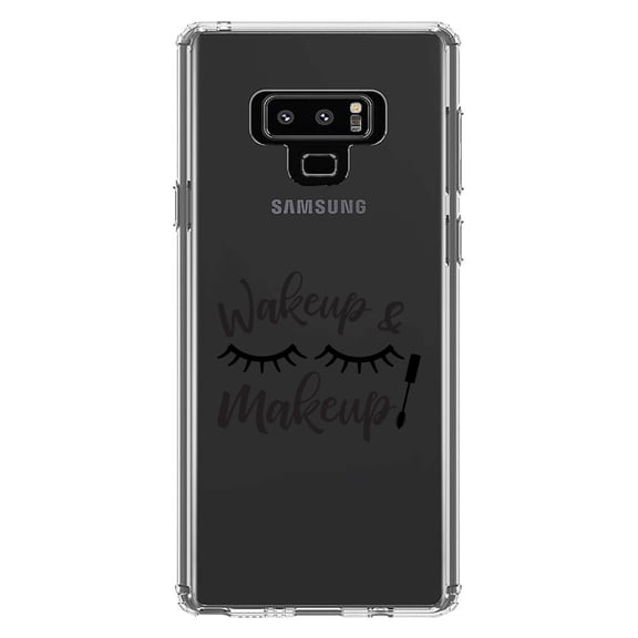 DistinctInk Clear Shockproof Hybrid Case for Samsung Galaxy Note 9 - TPU Bumper Acrylic Back Tempered Glass Screen Protector - Wake Up & Makeup - Eye Lashes