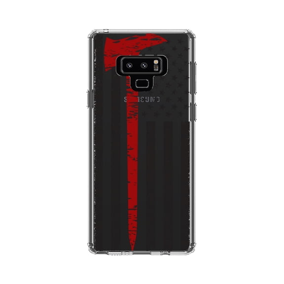 DistinctInk Clear Shockproof Hybrid Case for Samsung Galaxy Note 9 - TPU Bumper, Acrylic Back, Tempered Glass Screen Protector - Weathered Thin Red Line US Flag With Axe Fire Fighters