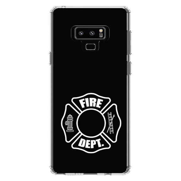 DistinctInk Clear Shockproof Hybrid Case for Samsung Galaxy Note 9 - TPU Bumper, Acrylic Back, Tempered Glass Screen Protector - White Fire Department Maltese Cross - First Responders