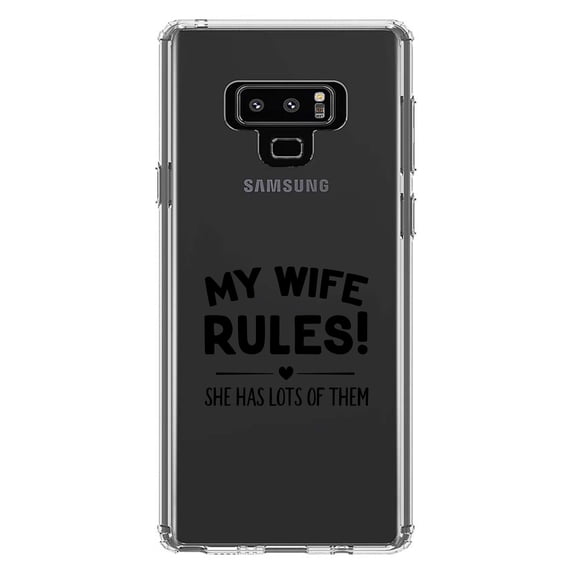 DistinctInk Clear Shockproof Hybrid Case for Samsung Galaxy Note 9 - TPU Bumper Acrylic Back Tempered Glass Screen Protector - My Wife Rules! She Has Lots of Them