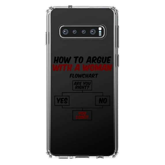 DistinctInk Clear Shockproof Hybrid Case for Samsung Galaxy S10 (6.1" Screen) - TPU Bumper Acrylic Back Tempered Glass Screen Protector - How To Argue With a Woman Flowchart