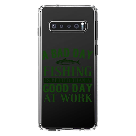 DistinctInk Clear Shockproof Hybrid Case for Samsung Galaxy S10 (6.1" Screen) - TPU Bumper Acrylic Back Tempered Glass Screen Protector - Bad Day Fishing is a Good Day