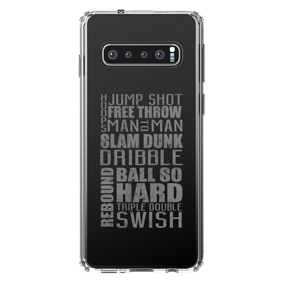 DistinctInk Clear Shockproof Hybrid Case for Samsung Galaxy S10 (6.1" Screen) - TPU Bumper Acrylic Back Tempered Glass Screen Protector - Basketball Word Art Jump Shot Free Throw