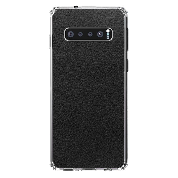 DistinctInk Clear Shockproof Hybrid Case for Samsung Galaxy S10 (6.1" Screen) - TPU Bumper, Acrylic Back, Tempered Glass Screen Protector - Black Faux Leather Print Design - Printed Faux Leather Image