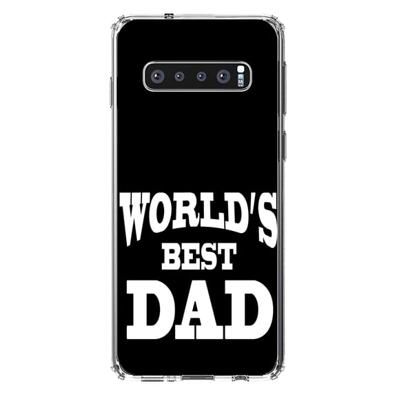 DistinctInk Clear Shockproof Hybrid Case for Samsung Galaxy S10 (6.1" Screen) - TPU Bumper, Acrylic Back, Tempered Glass Screen Protector - Black White World's Best Dad - Happy Father's Day