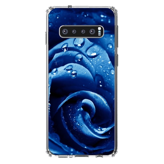 DistinctInk Clear Shockproof Hybrid Case for Samsung Galaxy S10 (6.1" Screen) - TPU Bumper, Acrylic Back, Tempered Glass Screen Protector - Blue Dew Covered Rose