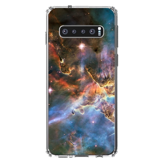DistinctInk Clear Shockproof Hybrid Case for Samsung Galaxy S10 (6.1" Screen) - TPU Bumper, Acrylic Back, Tempered Glass Screen Protector - Blue Pink Orange Carina Nebula - Astronomy