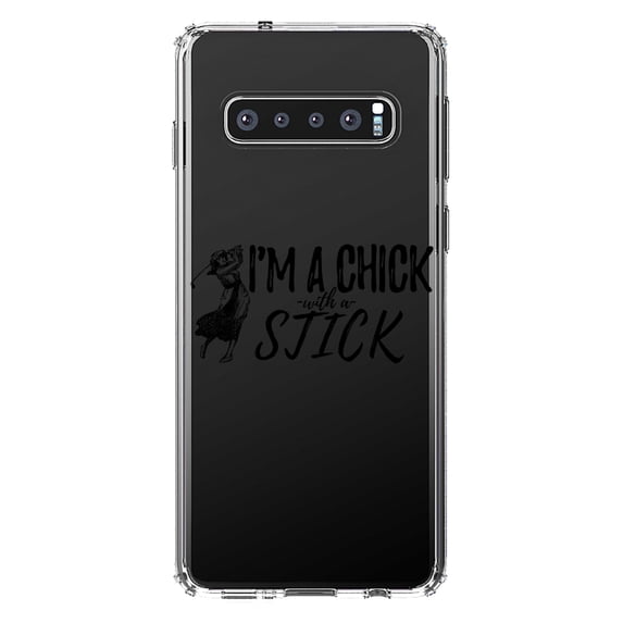 DistinctInk Clear Shockproof Hybrid Case for Samsung Galaxy S10 (6.1" Screen) - TPU Bumper Acrylic Back Tempered Glass Screen Protector - I'm a Chick with a Stick Golf