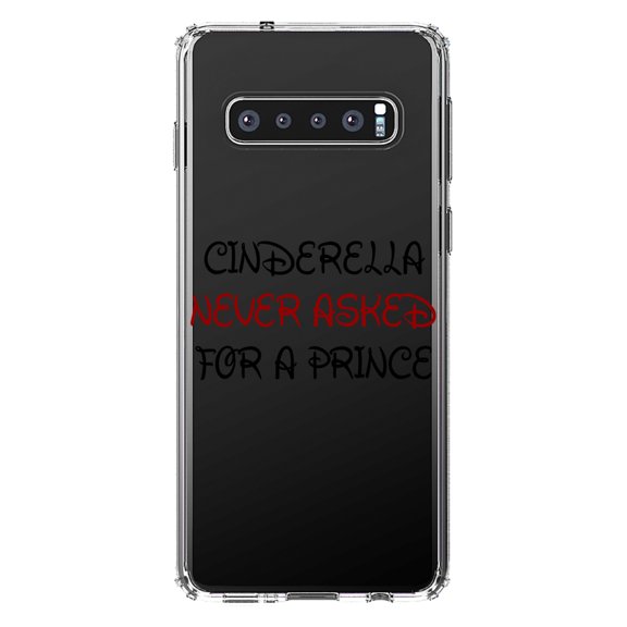 DistinctInk Clear Shockproof Hybrid Case for Samsung Galaxy S10 (6.1" Screen) - TPU Bumper Acrylic Back Tempered Glass Screen Protector - Cinderella Never Asked For a Prince