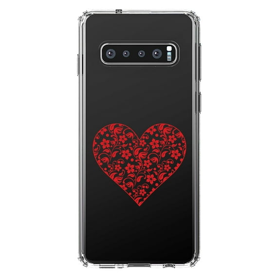 DistinctInk Clear Shockproof Hybrid Case for Samsung Galaxy S10 (6.1" Screen) - TPU Bumper Acrylic Back Tempered Glass Screen Protector - Clear Red Floral Heart