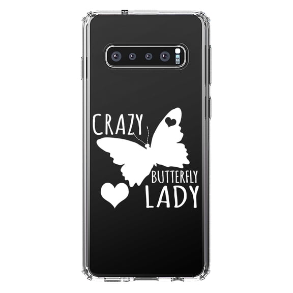 DistinctInk Clear Shockproof Hybrid Case for Samsung Galaxy S10 (6.1" Screen) - TPU Bumper Acrylic Back Tempered Glass Screen Protector - Crazy Butterfly Lady