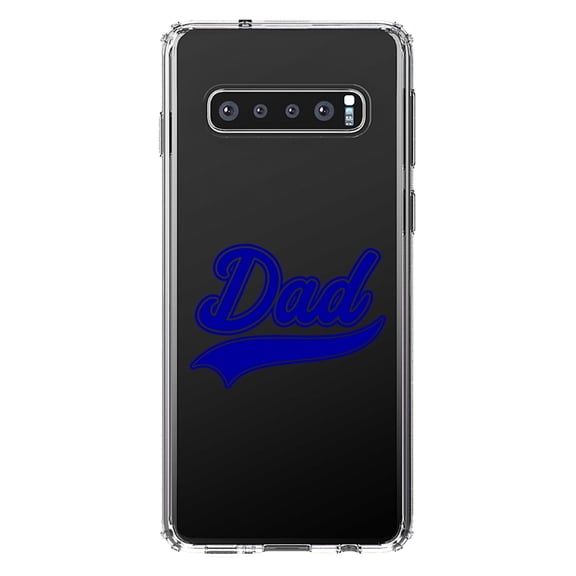 DistinctInk Clear Shockproof Hybrid Case for Samsung Galaxy S10 (6.1" Screen) - TPU Bumper Acrylic Back Tempered Glass Screen Protector - Dad Word Graphic Blue