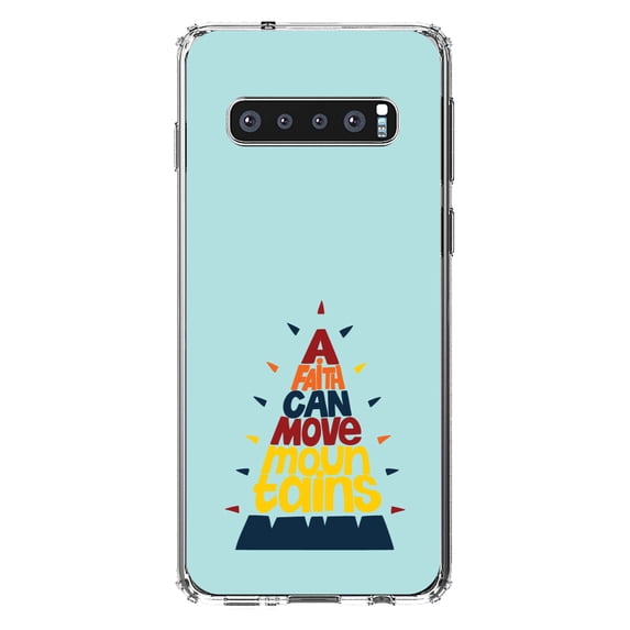 DistinctInk Clear Shockproof Hybrid Case for Samsung Galaxy S10 (6.1" Screen) - TPU Bumper, Acrylic Back, Tempered Glass Screen Protector - A Faith Can Moves Mountains