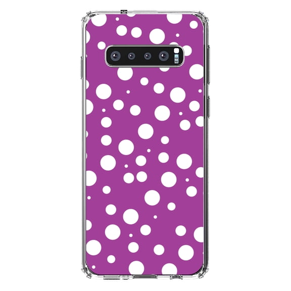 DistinctInk Clear Shockproof Hybrid Case for Samsung Galaxy S10 (6.1" Screen) - TPU Bumper, Acrylic Back, Tempered Glass Screen Protector - Fuchsia White Bubbles Polka Dots - Polka Dot Pattern