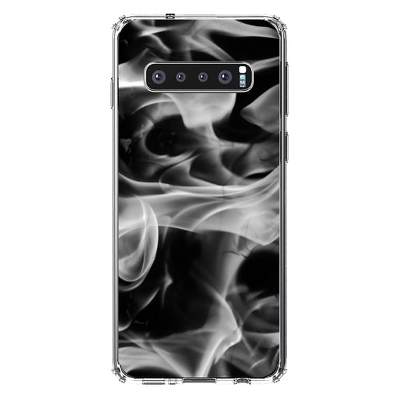 DistinctInk Clear Shockproof Hybrid Case for Samsung Galaxy S10 (6.1" Screen) - TPU Bumper, Acrylic Back, Tempered Glass Screen Protector - Grey Black Flame Fire - Printed Image of Fire