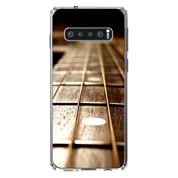 DistinctInk Clear Shockproof Hybrid Case for Samsung Galaxy S10 (6.1" Screen) - TPU Bumper, Acrylic Back, Tempered Glass Screen Protector - Guitar Strings Neck