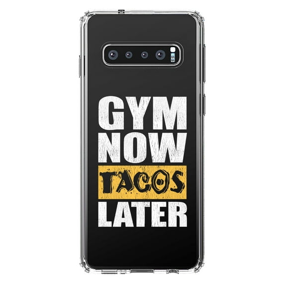 DistinctInk Clear Shockproof Hybrid Case for Samsung Galaxy S10 (6.1" Screen) - TPU Bumper Acrylic Back Tempered Glass Screen Protector - Gym Now Tacos Later