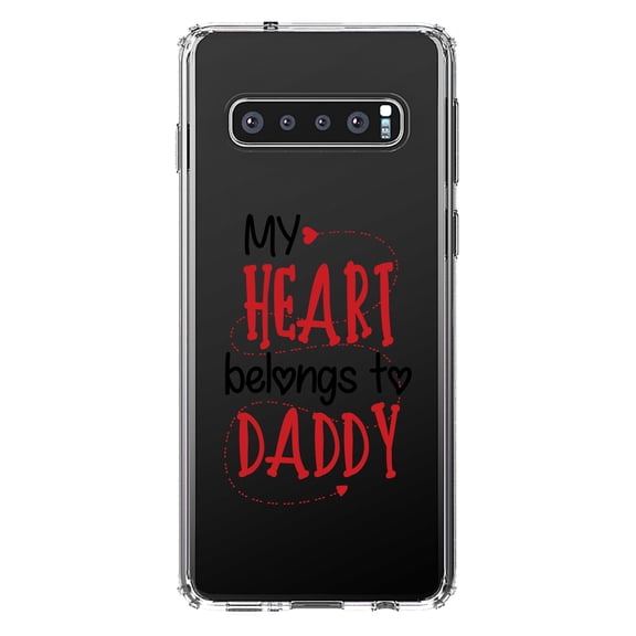 DistinctInk Clear Shockproof Hybrid Case for Samsung Galaxy S10 (6.1" Screen) - TPU Bumper Acrylic Back Tempered Glass Screen Protector - My Heart Belongs to Daddy