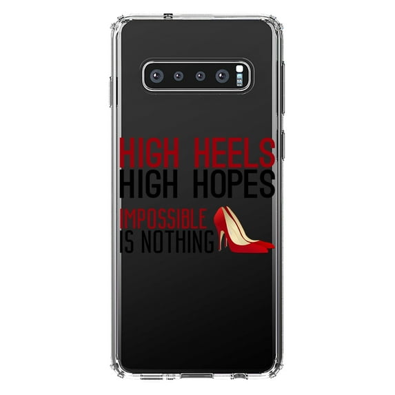 DistinctInk Clear Shockproof Hybrid Case for Samsung Galaxy S10 (6.1" Screen) - TPU Bumper Acrylic Back Tempered Glass Screen Protector - High Heels High Hopes Impossible Is Nothing