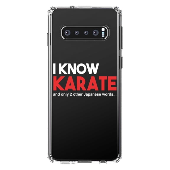 DistinctInk Clear Shockproof Hybrid Case for Samsung Galaxy S10 (6.1" Screen) - TPU Bumper Acrylic Back Tempered Glass Screen Protector - I Know Karate and Only 2 Other Japanese Words