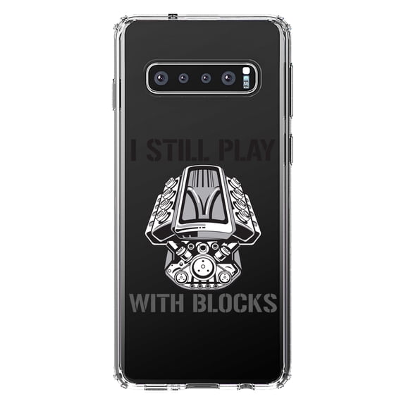 DistinctInk Clear Shockproof Hybrid Case for Samsung Galaxy S10 (6.1" Screen) - TPU Bumper Acrylic Back Tempered Glass Screen Protector - I Still Play with Blocks - Cars