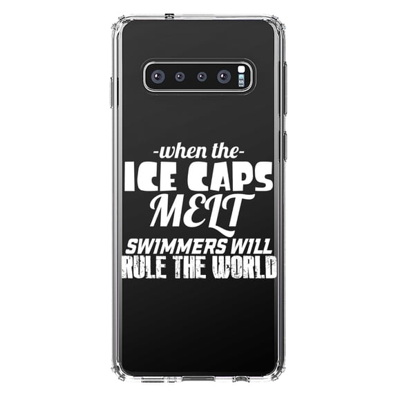 DistinctInk Clear Shockproof Hybrid Case for Samsung Galaxy S10 (6.1" Screen) - TPU Bumper Acrylic Back Tempered Glass Screen Protector - When Ice Caps Melt Swimmer Rule the World