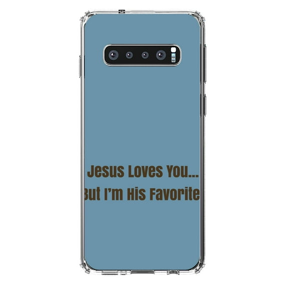 DistinctInk Clear Shockproof Hybrid Case for Samsung Galaxy S10 (6.1" Screen) - TPU Bumper, Acrylic Back, Tempered Glass Screen Protector - Jesus Loves You… But I'm His Favorite - Christ