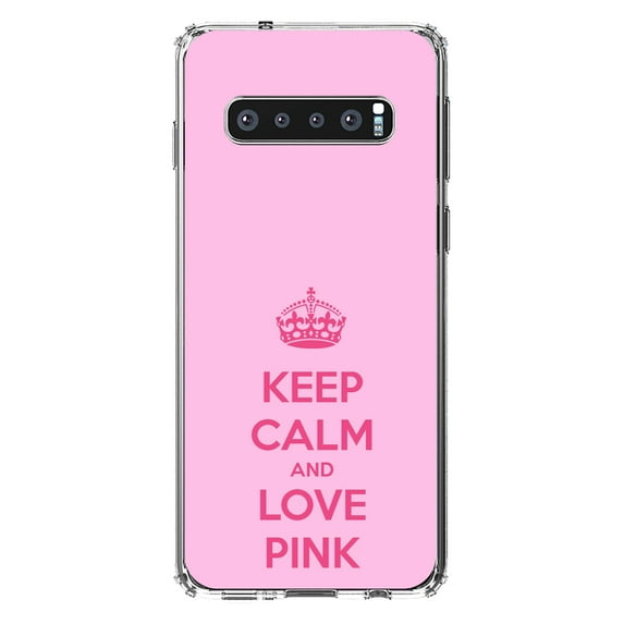 DistinctInk Clear Shockproof Hybrid Case for Samsung Galaxy S10 (6.1" Screen) - TPU Bumper, Acrylic Back, Tempered Glass Screen Protector - Keep Calm and Love Pink