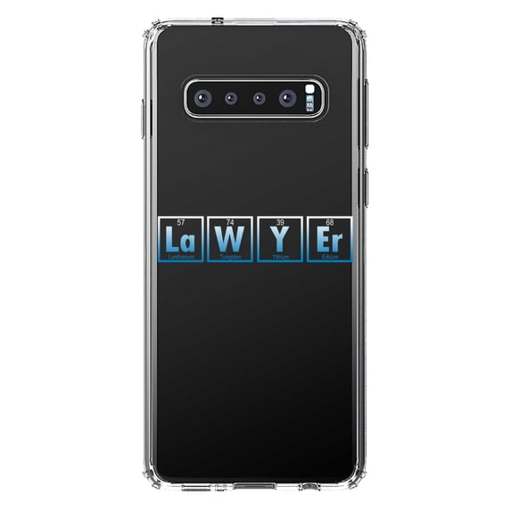 DistinctInk Clear Shockproof Hybrid Case for Samsung Galaxy S10 (6.1" Screen) - TPU Bumper Acrylic Back Tempered Glass Screen Protector - Lawyer Elements Periodic Table