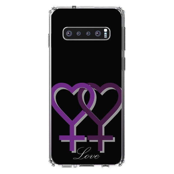 DistinctInk Clear Shockproof Hybrid Case for Samsung Galaxy S10 (6.1" Screen) - TPU Bumper, Acrylic Back, Tempered Glass Screen Protector - Lesbian Purple Symbols Love - LGBTQ Support
