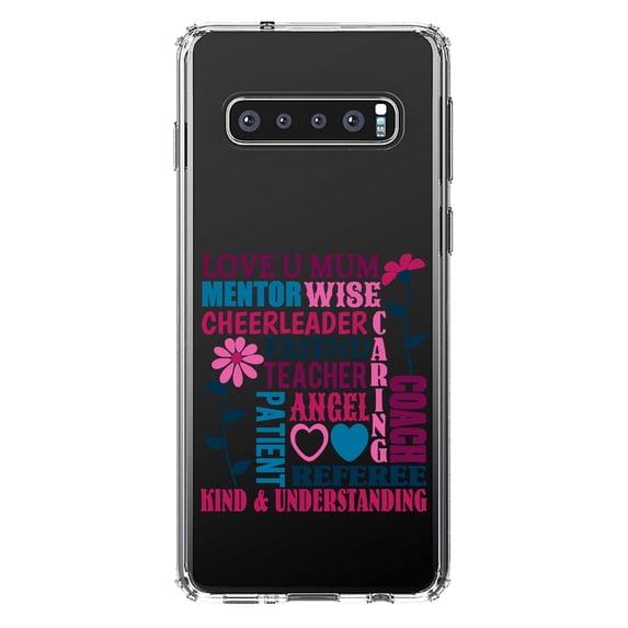 DistinctInk Clear Shockproof Hybrid Case for Samsung Galaxy S10 (6.1" Screen) - TPU Bumper Acrylic Back Tempered Glass Screen Protector - Love U Mum Word Art Mother's Day