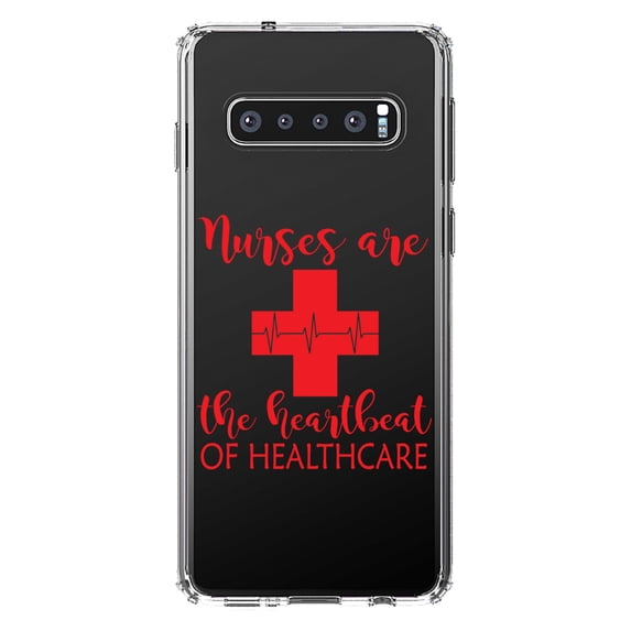 DistinctInk Clear Shockproof Hybrid Case for Samsung Galaxy S10 (6.1" Screen) - TPU Bumper Acrylic Back Tempered Glass Screen Protector - Nurses Are The Heartbeat of Healthcare