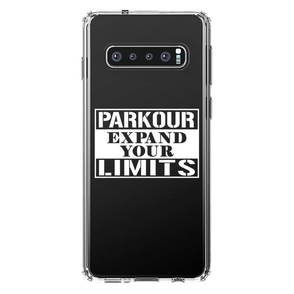 DistinctInk Clear Shockproof Hybrid Case for Samsung Galaxy S10 (6.1" Screen) - TPU Bumper Acrylic Back Tempered Glass Screen Protector - Parkour Expand Your Limits