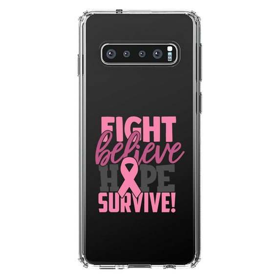 DistinctInk Clear Shockproof Hybrid Case for Samsung Galaxy S10 (6.1" Screen) - TPU Bumper Acrylic Back Tempered Glass Screen Protector - Pink Ribbon Cancer - Fight Believe Hope Survive