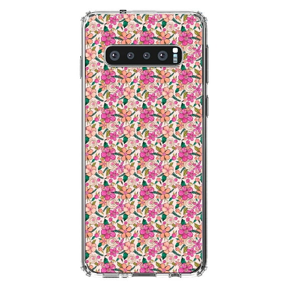 DistinctInk Clear Shockproof Hybrid Case for Samsung Galaxy S10 (6.1" Screen) - TPU Bumper, Acrylic Back, Tempered Glass Screen Protector - Preppy Pattern - Pink Flowers Floral