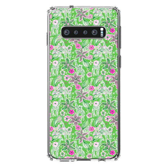 DistinctInk Clear Shockproof Hybrid Case for Samsung Galaxy S10 (6.1" Screen) - TPU Bumper, Acrylic Back, Tempered Glass Screen Protector - Preppy Pattern - Pink & Green Flowers Floral