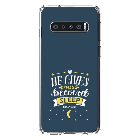 DistinctInk Clear Shockproof Hybrid Case for Samsung Galaxy S10 (6.1" Screen) - TPU Bumper, Acrylic Back, Tempered Glass Screen Protector - Psalm 127:2 - He Gives His Beloved Sleep