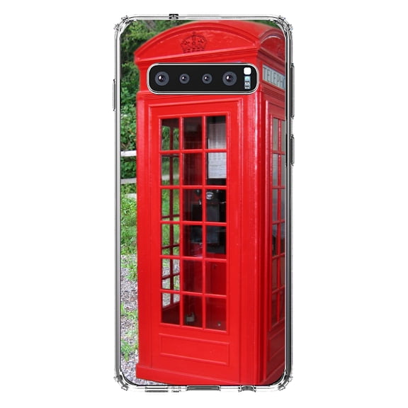 DistinctInk Clear Shockproof Hybrid Case for Samsung Galaxy S10 (6.1" Screen) - TPU Bumper, Acrylic Back, Tempered Glass Screen Protector - Red London Phone Booth