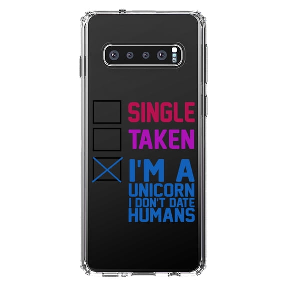 DistinctInk Clear Shockproof Hybrid Case for Samsung Galaxy S10 (6.1" Screen) - TPU Bumper Acrylic Back Tempered Glass Screen Protector - Single Taken I'm a Unicorn Don't Date Humans