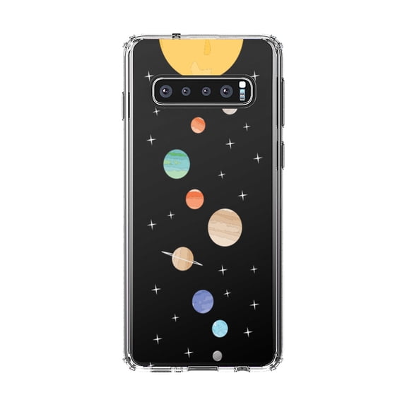 DistinctInk Clear Shockproof Hybrid Case for Samsung Galaxy S10 (6.1" Screen) - TPU Bumper, Acrylic Back, Tempered Glass Screen Protector - Solar System - Planets with Sun