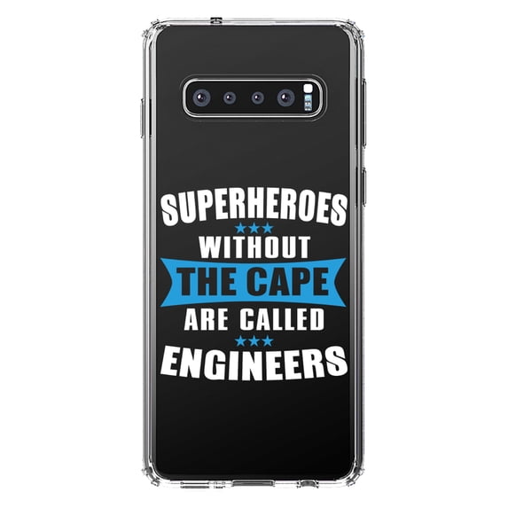 DistinctInk Clear Shockproof Hybrid Case for Samsung Galaxy S10 (6.1" Screen) - TPU Bumper Acrylic Back Tempered Glass Screen Protector - Superheroes Without Cape are Engineers