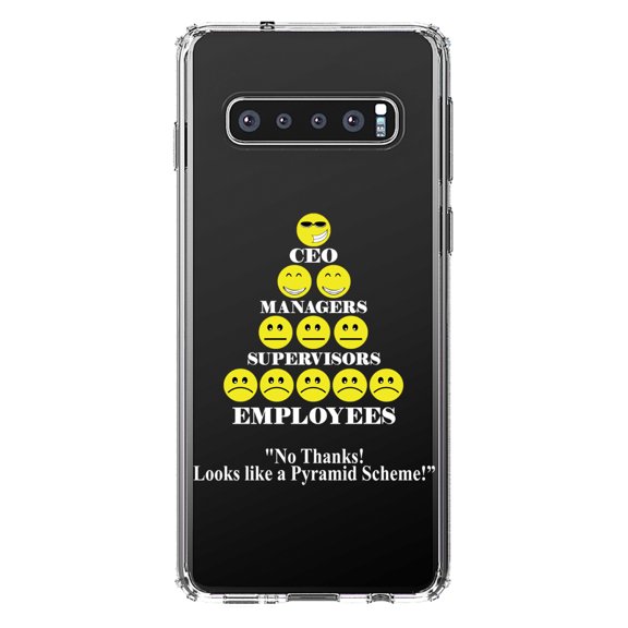 DistinctInk Clear Shockproof Hybrid Case for Samsung Galaxy S10 (6.1" Screen) - TPU Bumper Acrylic Back Tempered Glass Screen Protector - No Thanks Looks Like a Pyramid Scheme