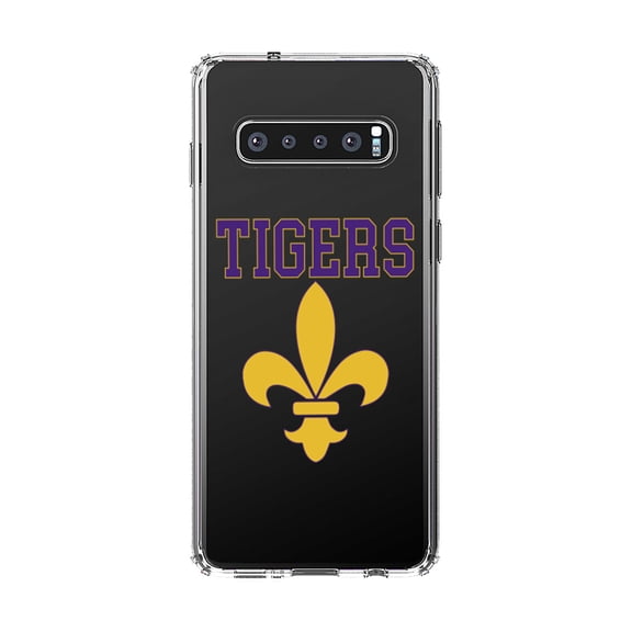 DistinctInk Clear Shockproof Hybrid Case for Samsung Galaxy S10 (6.1" Screen) - TPU Bumper, Acrylic Back, Tempered Glass Screen Protector - Tigers Football / Fleur de Lis - Purple, Gold