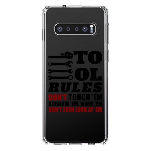 DistinctInk Clear Shockproof Hybrid Case for Samsung Galaxy S10 (6.1" Screen) - TPU Bumper Acrylic Back Tempered Glass Screen Protector - Tool Rules Don't Touch Borrow Move Look