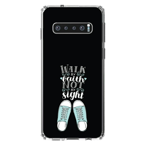 DistinctInk Clear Shockproof Hybrid Case for Samsung Galaxy S10 (6.1" Screen) - TPU Bumper, Acrylic Back, Tempered Glass Screen Protector - Walk By Faith Not By Sign - Sneakers