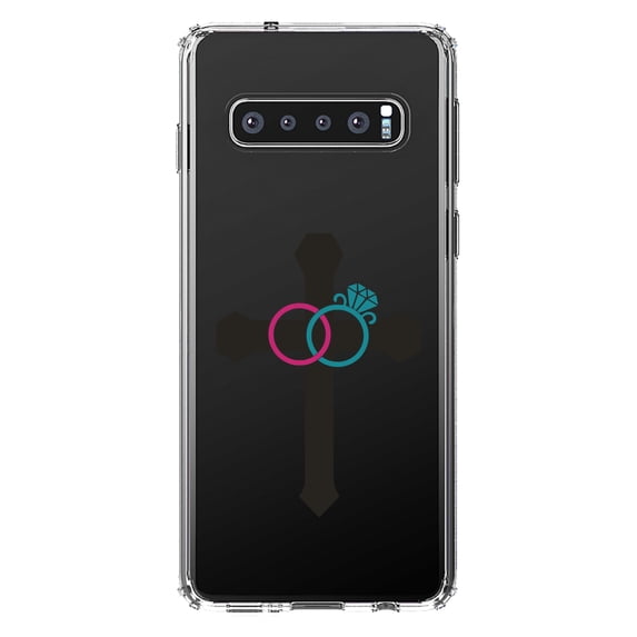 DistinctInk Clear Shockproof Hybrid Case for Samsung Galaxy S10 (6.1" Screen) - TPU Bumper Acrylic Back Tempered Glass Screen Protector - Wedding Rings Cross Jesus