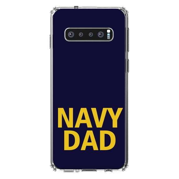 DistinctInk Clear Shockproof Hybrid Case for Samsung Galaxy S10 (6.1" Screen) - TPU Bumper, Acrylic Back, Tempered Glass Screen Protector - Yellow Navy Dad - Support for the Navy