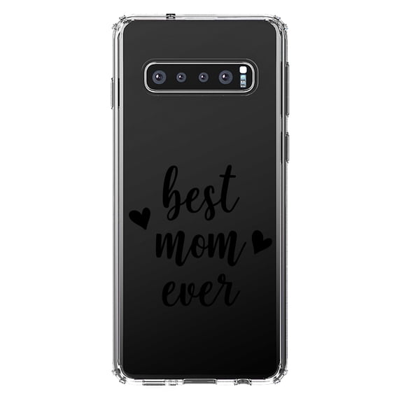 DistinctInk Clear Shockproof Hybrid Case for Samsung Galaxy S10 (6.1" Screen) - TPU Bumper Acrylic Back Tempered Glass Screen Protector - best mom ever - lowercase - hearts