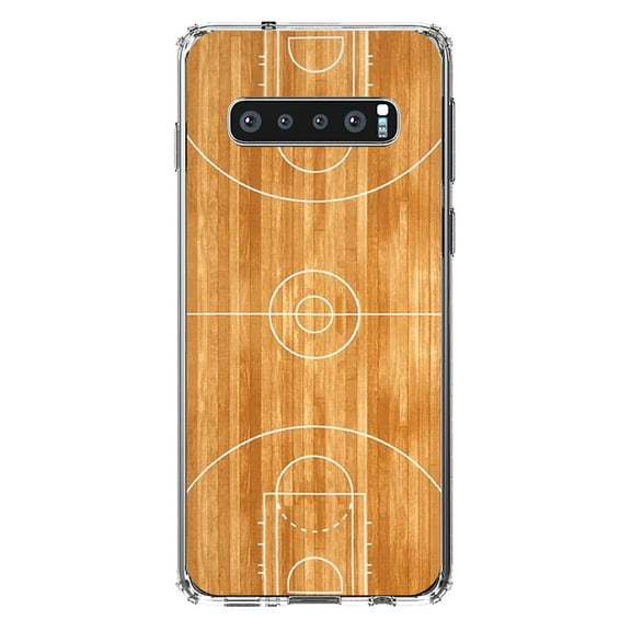 DistinctInk Clear Shockproof Hybrid Case for Samsung Galaxy S10+ PLUS(6.4" Screen) - TPU Bumper, Acrylic Back, Tempered Glass Screen Protector - Basketball Court Layout -Basketball